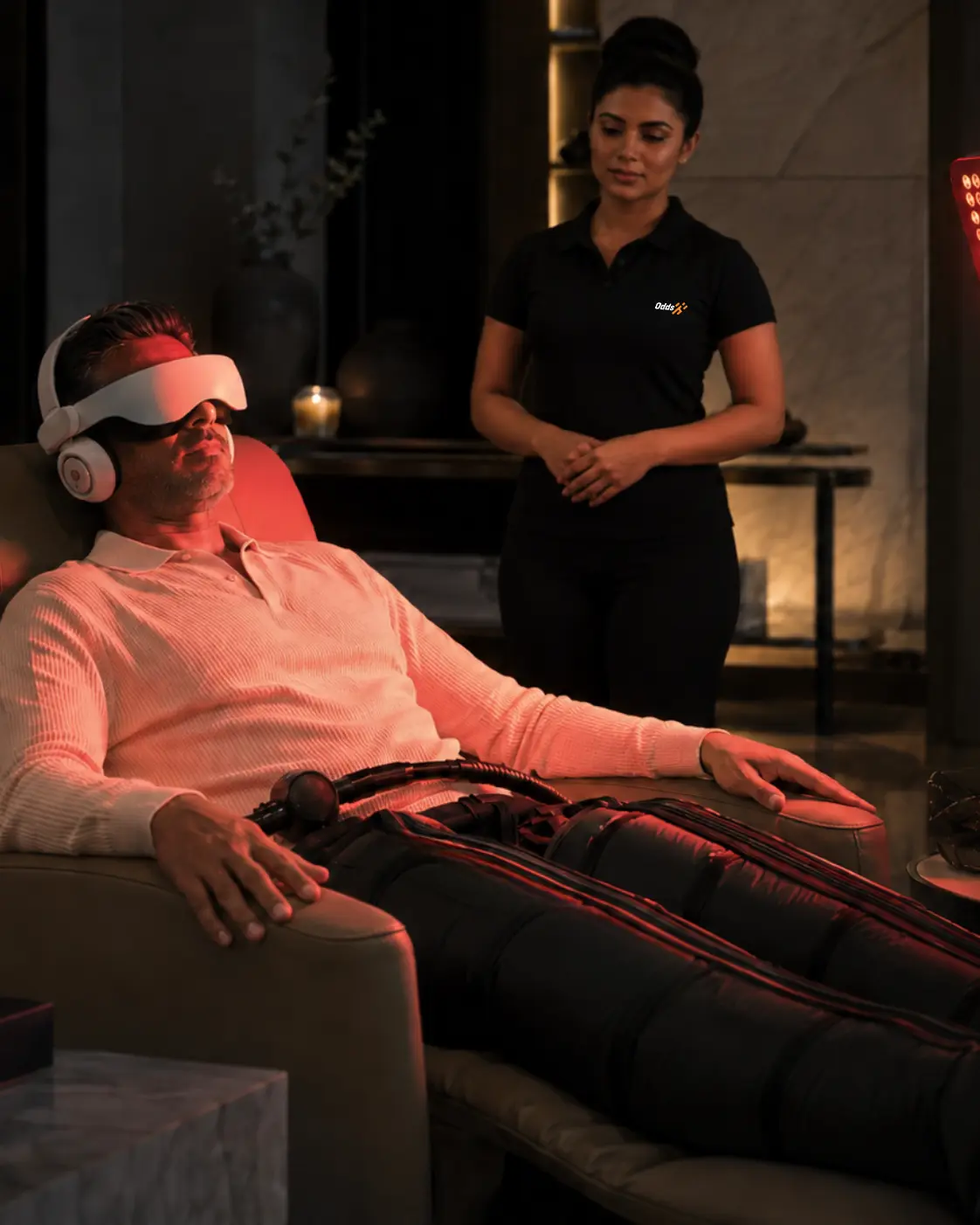 ODDS client receiving red light therapy as part of an at-home recovery and longevity protocol.